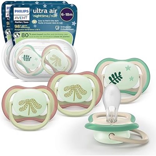 Philips Avent Ultra Air Nighttime Pacifiers - Orthodontic Design, for Babies 6-18 Months, Glow in The Dark, Soft Silicone Symmetrical Nipple, BPA-Free, with 2 Sterilizing Cases, 4 Pack, SCF376/37