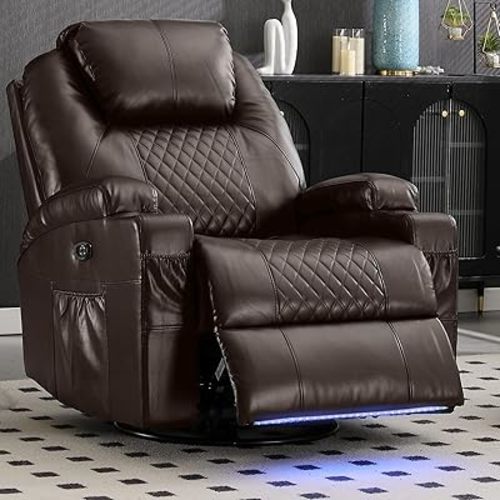 Power Swivel Rocker Recliner Chair for Adults - Rocking Recliner with Heat and Massage/Cup Holder/LED Lights/USB & Type-C Ports/Side Pocket for Living Room