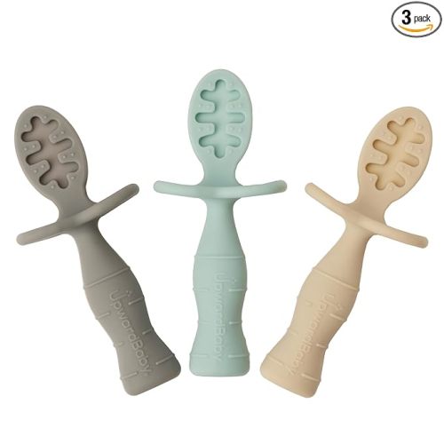Upward Baby Silicone Baby Feeding Spoon with Anti Choke Barrier - Baby Spoons Self Feeding 6 Months, First Stage Infant Supplies and Toddler Utensils, Baby Led Weaning Soft-Tip Training Spoon, 3 Pack