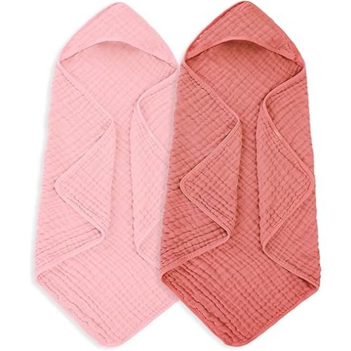 MIGIOL Muslin Hooded Baby Towels 100% Cotton ，Super Soft Muslin Baby Bath Towel - 32 x 32 Inches, Suitable for Newborn and Young Children up to 3 Years Old. (Light Pink & Dark Pink)