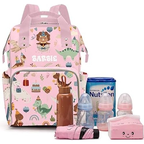 Cute Tropical Dinosaur Large Capacity Custom Diaper Bag for Baby Boy Girl Waterproof Personalized Name Diaper Bag Backpack with Multi-Pocket Customized Mom Travel Daypack for Baby Essentials