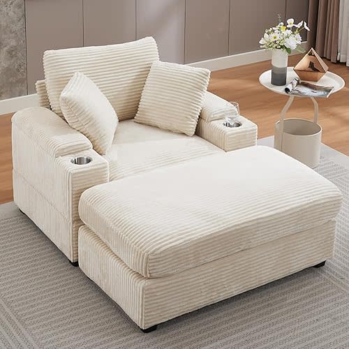 50" Oversized Chaise Lounge Chair Indoor with Ottoman and Storage, Comfy Corduroy Sleeper Chair with Cup Holder, Deep Seat Upholstered Reading Armchair, Ideal for Living Room, Bedroom(Beige)