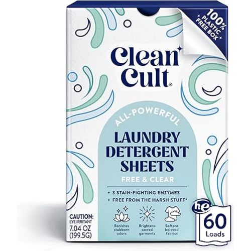 Cleancult Laundry Detergent Sheets - Resealable Box - 3 Stain Fighting Enzymes - Fragrance Free - 60 Loads - Free of Harsh Chemicals - No Mess - No Plastic Waste