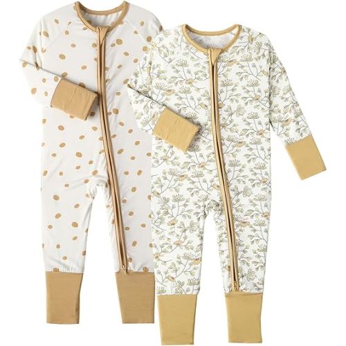 OPAWO Viscose from Bamboo Baby Pajamas Girl 2pack Mittens Cuff 2 Way Zipper Soft Footless Sleeper Baby Boy One-Piece Romper