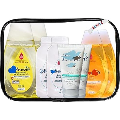 Bath Essentials Travel Kit, 8 Piece TSA Approved Travel Size Bottles Toiletries Kit, Baby Shampoo (2) Top to Toe Body Wash (2) Baby Powder (2) Baby Sensitive Lotion(2)