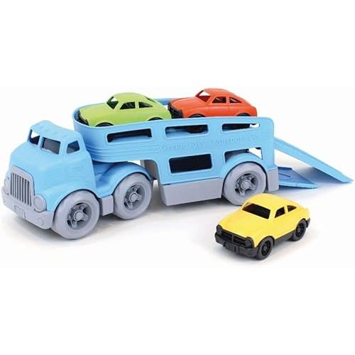 Green Toys Car Carrier, Blue - Pretend Play, Motor Skills, Kids Toy Vehicle. No BPA, phthalates, PVC. Dishwasher Safe, Recycled Plastic, Made in USA (4 Piece Set)