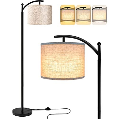 ROTTOGOON Floor Lamp for Living Room with 3 Color Temperatures LED Bulb, Standing Lamp Tall Industrial Floor Lamp Reading for Bedroom, Office (9W LED Bulb, Beige Lampshade Included) -Black
