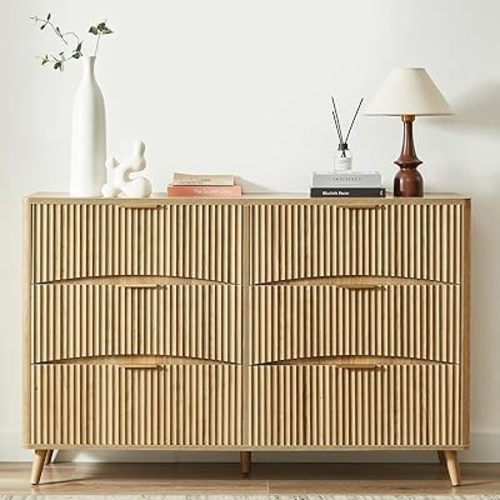 55" Wide Fluted 6 Drawer Dresser, Light Wood Curved Dresser, Mid Century Modern Chest of Drawers for Bedroom, Living Room and Entryway (Natural Oak)