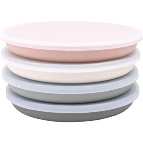 WeeSprout Bamboo, Silicone, Melamine Dishware Plate with Lids, Set of 4, Kid-Sized Design for Leftovers, Dishwasher Safe (Pink, Green, Gray, and Beige)