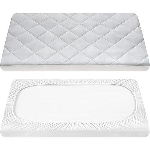TILLYOU Pack and Play Sheets Pad - Waterproof Play Yard Playpen Sheets Pad, Soft Quilted Sheets with 1''-3'' Deep Pocket, Breathable and Fluffy, 39"x27",Light Grey