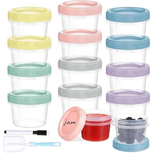 12pcs 4 oz Plastic Containers with Screw Lids, Reusable 1/2 Cup Small Food Storage Containers, Leakproof, Microwave Dishwasher Freezer Safe, with Pen and Brush