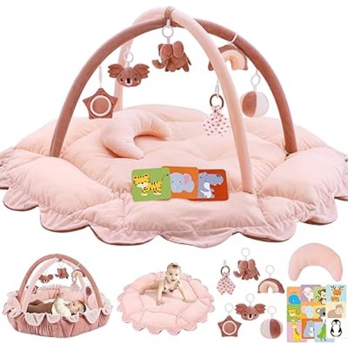 5-in-1 Plush Baby Play Gym, Baby Play Mats, Convertible Baby Gym with Pillow, Tummy time mat, 6 Sensory Toys, Baby Activity Center from Newborn to Toddler, Pet Bed, Cat & Dog Bed, Ball Pit, Pink