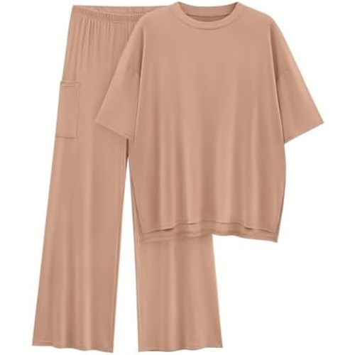 KIRUNDO Womens 2 Piece Outfits 2025 Summer Casual Loose Short Sleeve Pullover Tops & Wide Leg Pants Lounge Sets Tracksuit