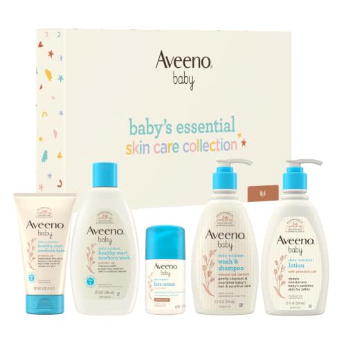 Aveeno Baby Essential Skincare Gift Set, 5-Piece Collection with Wash and Shampoo, Daily Moisture Body Lotion, Face Moisturizer & Newborn Wash and Baby Balm, Gentle Daily Care for Sensitive Skin | Sensitive Skin