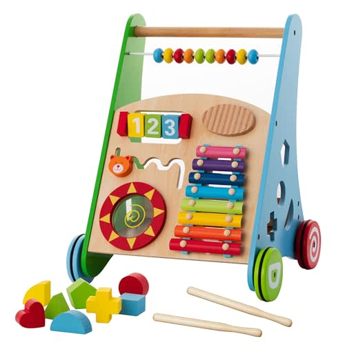 Wooden Baby Walker with Activity Center for Toddler Boys & Girls - Montessori Baby Push Walker Toy with Adjustable Speed - Baby Walker with Wheels for Kids Development by KIDDERY TOYS