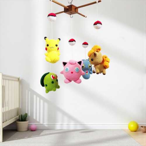 Crib mobile - Pokemon set Pikachu, Chikorita, Vulpix, Jigglypuff, Manaphy  crochet baby mobile, nursery decor, crochet mobile,baby gift