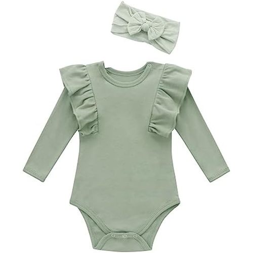 O2 BABY Organic Cotton Baby Girls Romper Bodysuit Jumpsuit with Headband Outfit