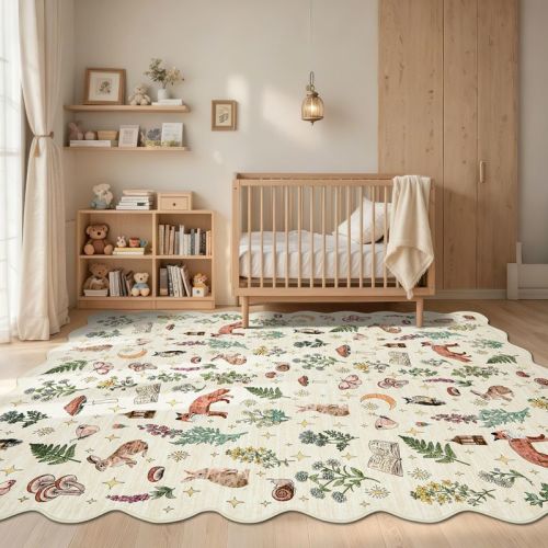 4'x6' Scalloped Woodland Animal Washable Area Rug, Cute Fox Rabbit Carpet Foldable Stain Resistant Floor Cover for Bedroom Nursery Playroom