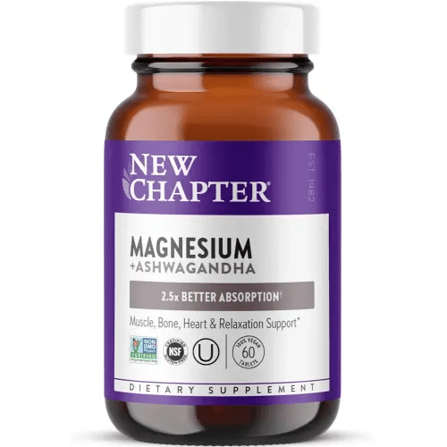 New Chapter Magnesium + Ashwagandha Supplement, 325 mg with Magnesium Glycinate, 2.5x Absorption, Muscle Recovery, Heart & Bone Health, Calm & Relaxation, Gluten Free, Non-GMO - 60 ct (2 Month Supply)