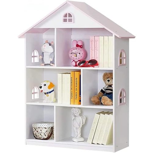 OUKOVOL Wooden Dollhouse Bookshelf 3-Tier Doll House Bookcase Kids Books Toys Storage Organizer Shelves for Children's Bedroom Playroom Kindergarten Nursery Gift for Boys Girls Ages 3-8 Years Old