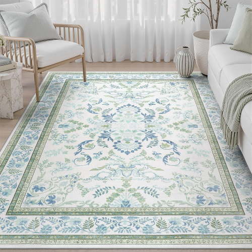 Blue and Green Washable 5x7 Area Rug