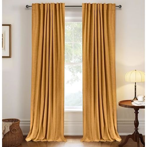 100% Blackout Shield Linen Blackout Curtains for Bedroom 84 Inches Long,Back Tab/Rod Pocket Living Room Drapes,Thermal Insulated Textured Blackout Curtains 2 Panels Set,50" W x 84" L,Mustard Yellow