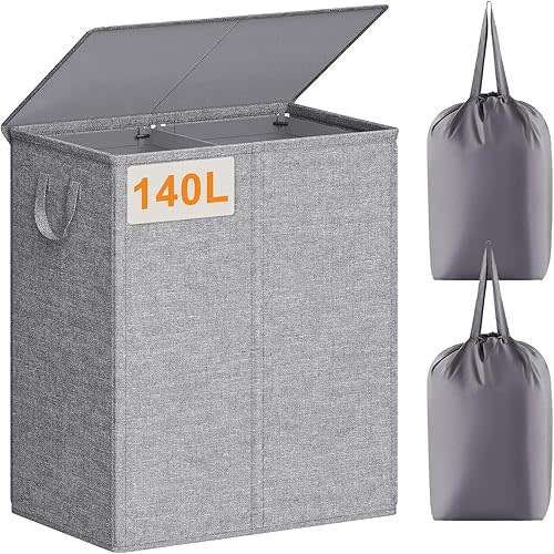 Chrislley 140L Laundry Hamper 2 Section, Double Laundry Basket with Lid, Large Dirty Clothes Hamper with Removable Liner Bags, Collapsible Laundry Organizer for Bedroom, Dorm,Grey