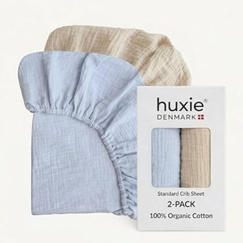 Crib Sheets – Organic Cotton Muslin Fitted Crib Sheet – Standard Size for Baby Boys 28" x 52" Ultra-Soft and Breathable. 2-Pack(Baby Blue/Fog)