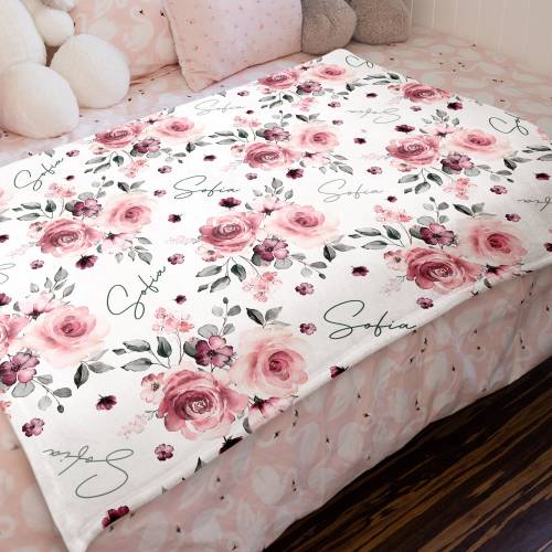 Pink Rose Floral Personalized Baby Blanket, Soft Floral Rose Blanket, Baby Girl Name Blanket Hospital Take Home, Custom Baby Blanket Gift