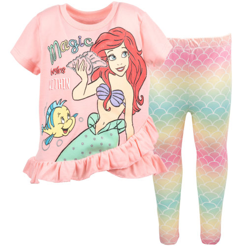 Disney Princess Ariel Little Girls Peplum Crossover T-Shirt and Leggings Outfit Set Toddler to Big Kid