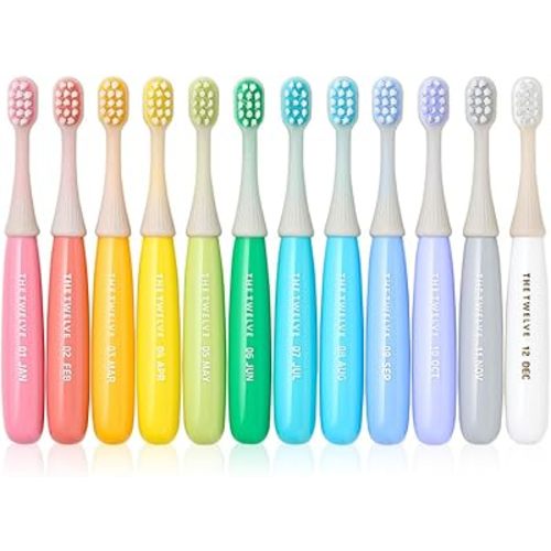 The Twelve Step2 Toddler Toothbrush Pastel – (Monthly Replacement Reminder), (Korean BBC Bristles), (12 Fun Rainbow Colors), Soft Tooth Brush for Ages 1-3, 12-Pack