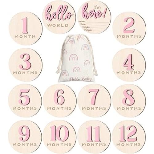 Burbell 7 Pack 3D Baby Monthly Milestone Card Signs Baby Announcement Sign Double Sided Hello World Newborn Signs Wooden Circles Discs for Welcome Newborn Boy Girl Photo Props (Pink,Number)