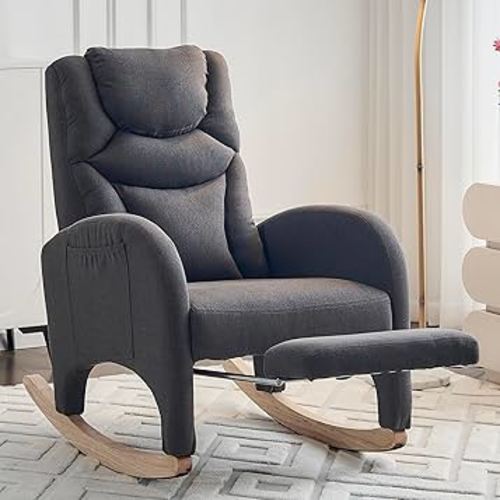 LUMISOL Rocking Chair with Adjustable Footrest, Soft Teddy Fabric Rocking Chair with Pocket for Nursery, Comfy Wing-Back Glider Rocker with Solid Wood Base for Living Room Bedroom Balcony, Dark Gray