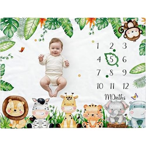 Baby Monthly Milestone Blanket for Boy Girl, Safari Jungle Newborn Photo Prop Blanket, Soft Flannel Baby Growth Chart for First 12 Months, Gender Neutral with Month Marker 50"x40"