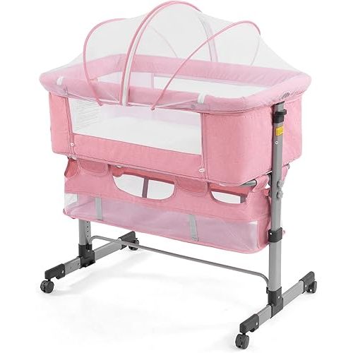3 in 1 Travel Baby Crib,Baby Bed with Breathable Net,Adjustable Portable Bed for Infant/Baby with Detachable Mosquito net and Mattress,Pink