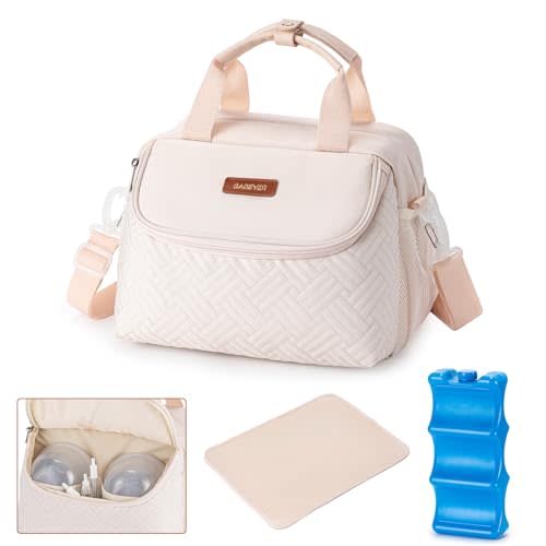 Breastmilk Cooler Bag with Ice Pack Fits 6 Baby Bottles up to 9 Ounce, Wearable Breast Pumps Cooler Bag for Nursing Mom Daycare, Work, Travel- White