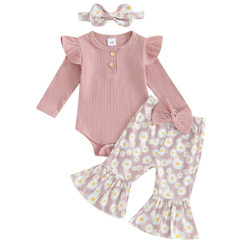 Infant Baby Girls 3pcs Outfits Set Ribbed Romper and Daisy Print Pants Headband Clothes Suit 3-6 Months