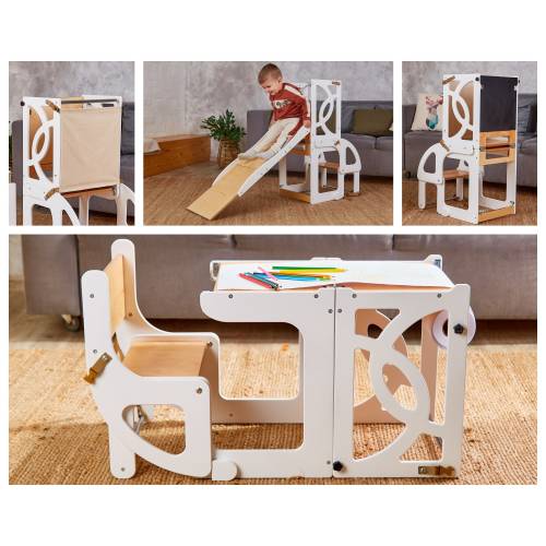Convertible toddler tower table 7 in 1 with Seatback, toddler kitchen stool for learning, kids kitchen step stool, kids slide blackboard