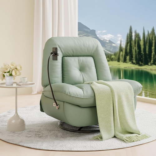 Sailvan Oversized Recliner Chair for Adults, Swivel Power Recliner Rocking Glider, Accent Chair Living Room Lounge Sofa Chair with USB Charging, Phone Stand & Storage, Green Leathaire