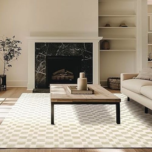 EVERGRACE Checkered Plaid Area Rug - Soft Faux Wool, 9x12, Washable, Anti Slip, Large, For Entryway, Bedroom, Living Room, Hallway, Kitchen, Dining Room and Laundry, Beige