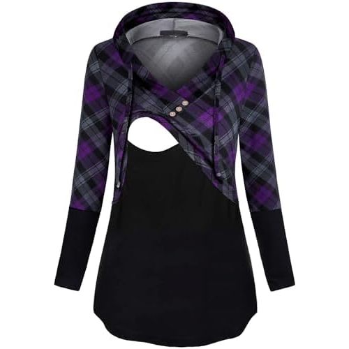 Quinee Women's Long Sleeve Plaid Colorblock Nursing Pullover Hoodie Sweatshirts