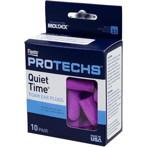 Flents Protechs Foam Ear Plugs, 10 Pair with Case for Sleeping, Snoring, Loud Noise, Traveling, Concerts, Construction, Studying, Work, Shooting, NRR 33, Purple, Disposable, Made in the USA