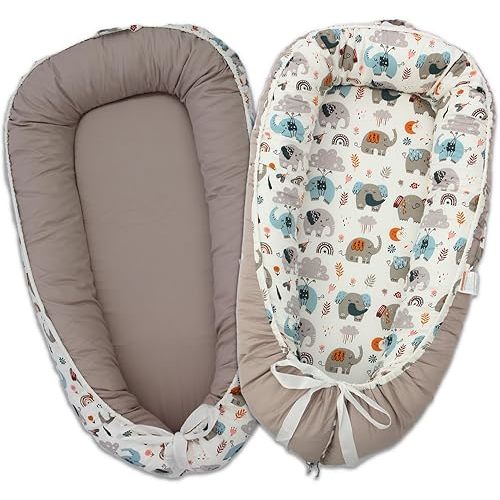Baby Lounger, 100% Cotton 0-24 Months Breathable Soft Baby Nest Co Sleeper, Reversible Adjustable Portable Baby Lounger Nest for Newborn, Infant Lounger for Home & Travel (Grey Elephant)