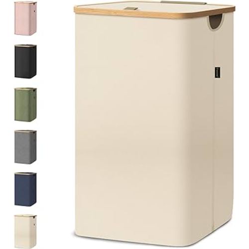 BALEINE Laundry Hamper with Lid, Tall Laundry Baskets with Bamboo Pull Handles, Large Laundry Bin with Internal Support (26 Gallon, Beige)