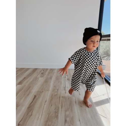 Short Sleeve Ribbed Romper | Black & Grey Checkerboard