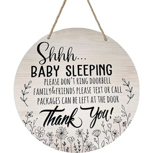 Deroro Baby Sleeping Sign for Front Door, Please Do Not Ring Doorbell Wood Door Hanger for Outdoor Outside Porch Decor, Rustic Wooden Wreath Wall Hanging Decoration for Home