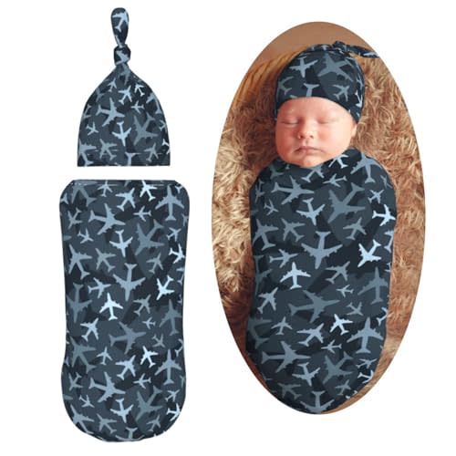 KiuLoam Camouflage Blue Jets Airplanes Newborn Swaddle Set with Matching Hat, Newborn Receiving Blanket Soft Unisex Infant Swaddle Wrap for Baby Boys and Girls