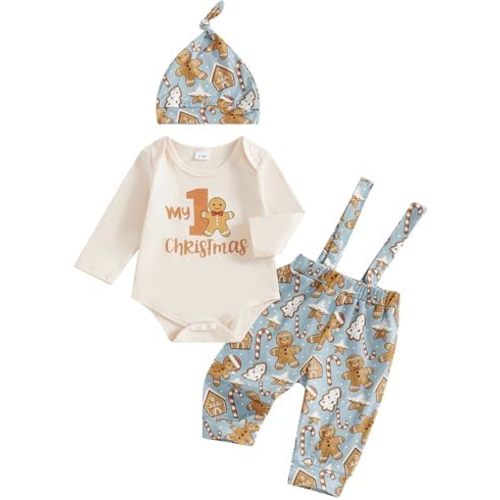 My First Christmas Baby Boy Outfit Newborn Letter Print Long Sleeve Romper Suspender Pants Hat 3Pcs Outfits Set