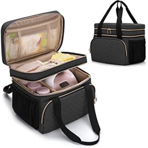 Luxja Double Layer Bag Compatible with Spectra S1 and S2 breast pump and Extra Parts (Suitable for Home or Travel Use, Patent Design, Bag Only), Black
