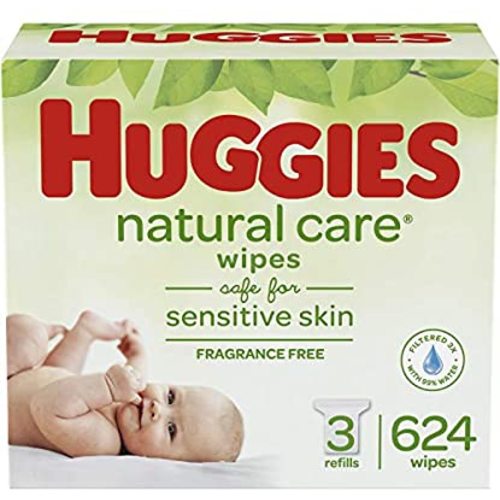 HUGGIES Natural Care Unscented Baby Wipes, Sensitive, 3 Refill Packs (624 Total Wipes) - 3 Refill Bags, 624 Wipes